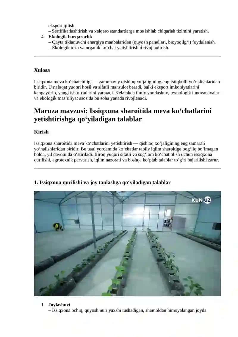 Issiqxona meva ko‘chatchiligining ahamiyati va rivojlanish istiqbollari 2
