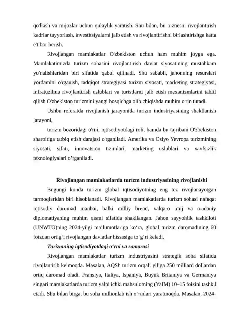 Rivojlangan mamlakatlar turizm bozorlari markazi sifatida 2