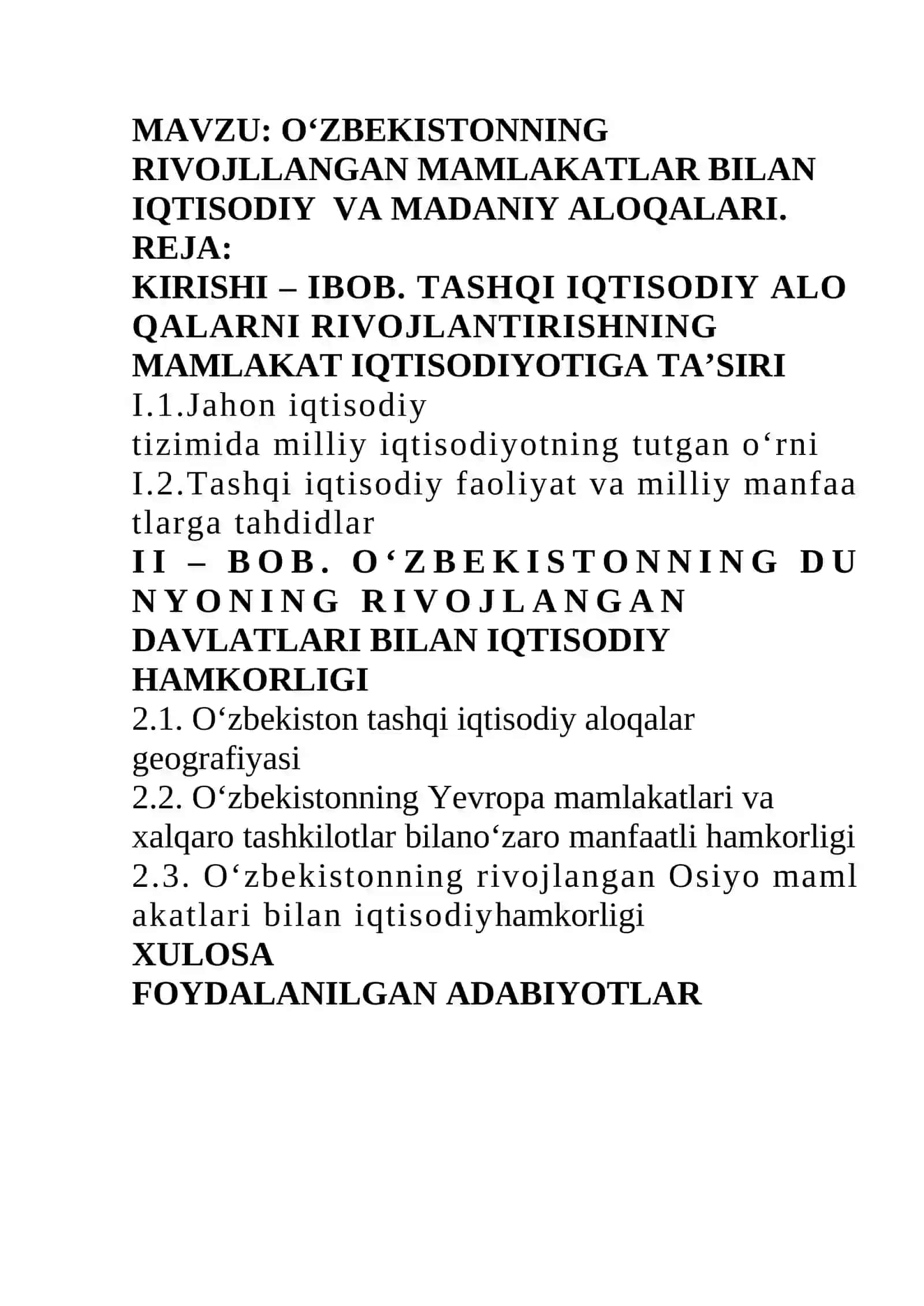 O’ZBEKISTONNING RIVOJLANGAN DAVLATLAR BILAN IQTISODIY VA MADANIY ALOQALARI 2