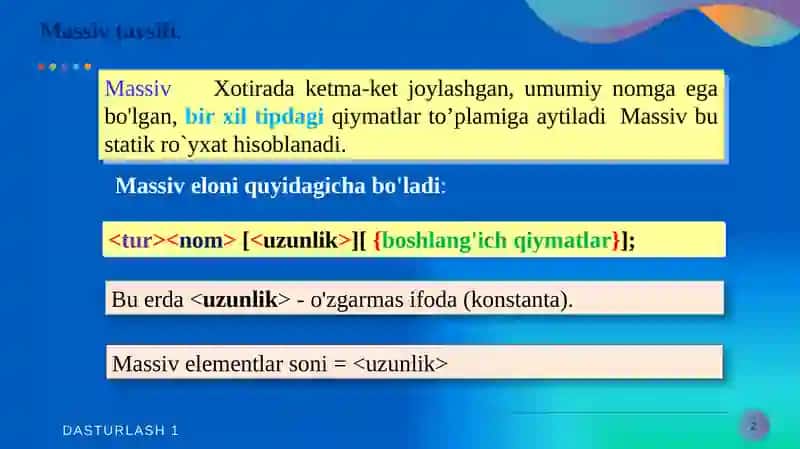 Statik va dinamik ro`yxat massiv tushunchasi ro`yxat metodlari 2