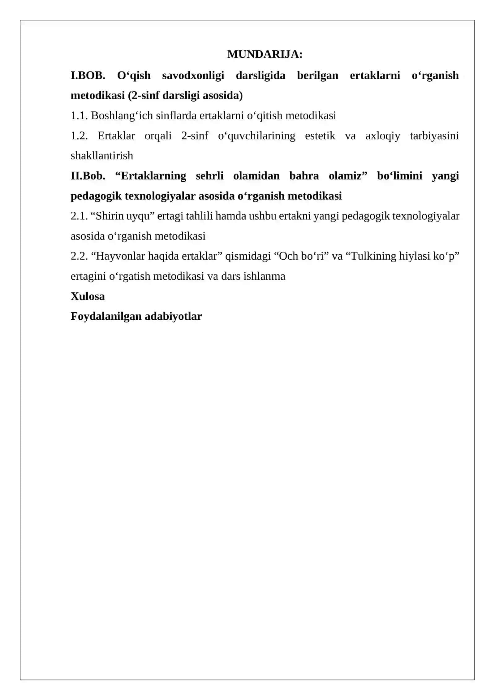 2-SINF O‘QISH SAVODXONLIGI DARSLIGIDAGI “ERTAKLARNING SEHRLI OLAMIDAN BAHRA OLAMIZ” BO‘LIMINI YANGI PEDAGOGIK TEXNOLOGIYALAR VOSITASIDA O‘RGANISH 2
