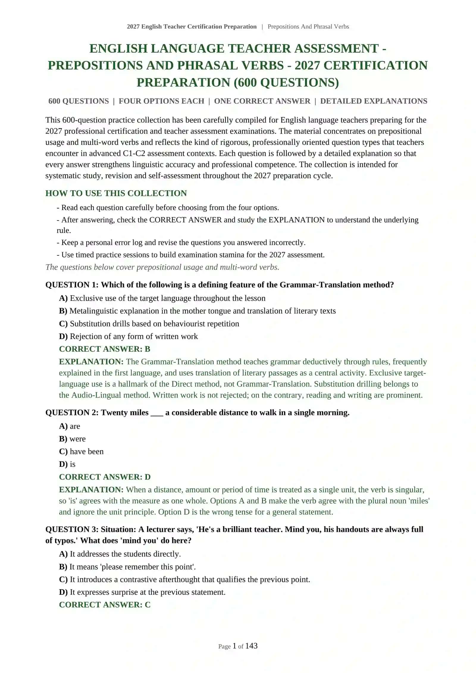 ENGLISH LANGUAGE TEACHER ASSESSMENT - PREPOSITIONS AND PHRASAL VERBS - 2027 CERTIFICATION PREPARATION (600 QUESTIONS) 2