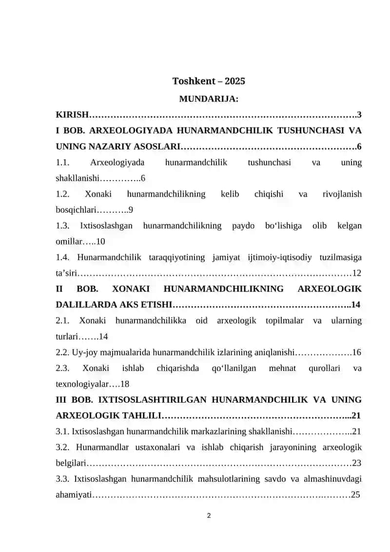 ARXEOLOGIYADA XONAKI VA IXTISOSLASHGAN HUNARMANDCHILIK KURS ISHI 2