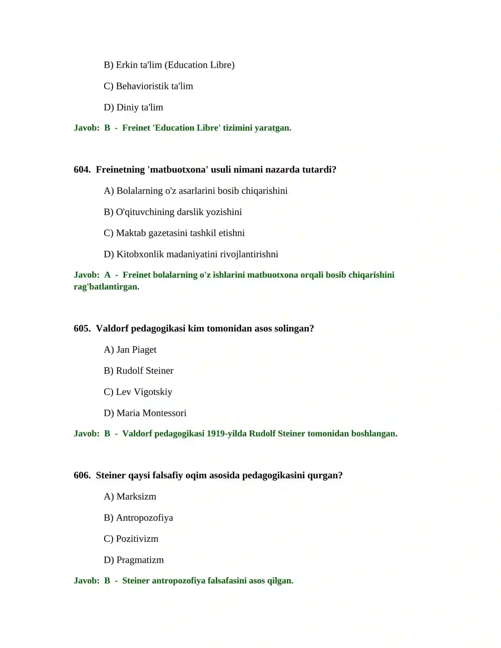 BOSHLANG'ICH TA'LIM O'QITUVCHISI TEST SINOVLARI 2
