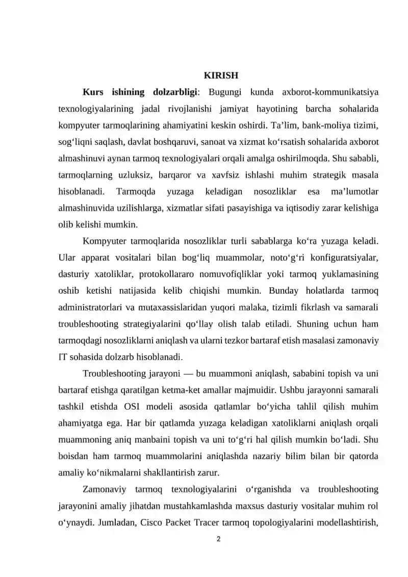 Tarmoqdagi nosozliklarni aniqlash va bartaraf etish Troubleshooting strategiyalari (Packet Tracer + Wireshark). 2