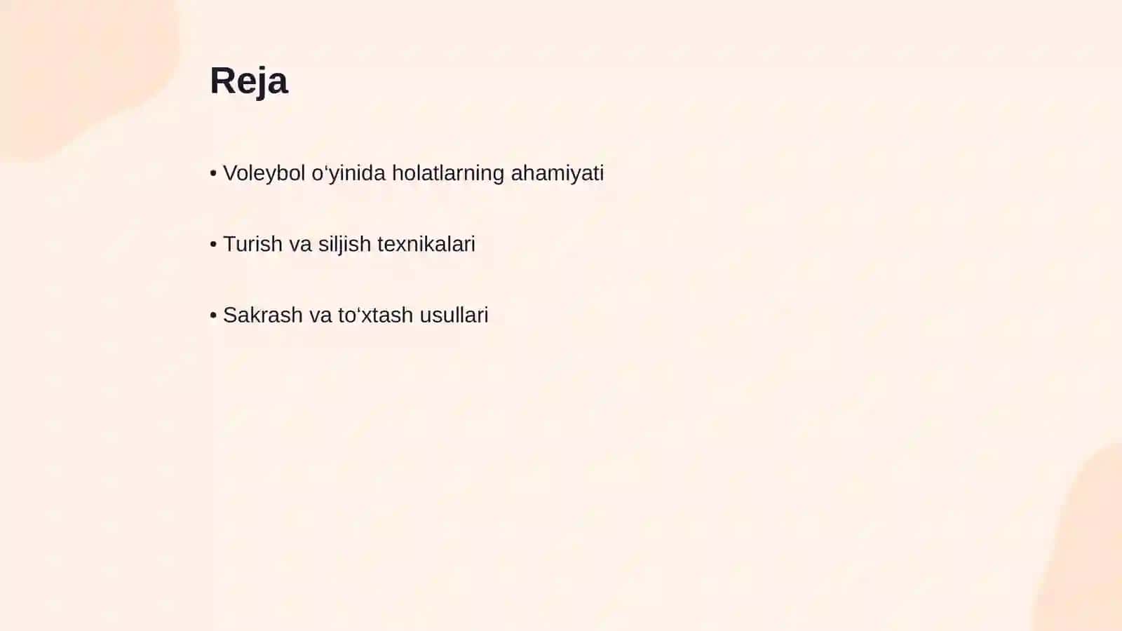 Voleybol o‘yinida holatlar va harakatlanishlar (turish, siljish, sakrash, to‘xtash, burilish) texnikasini o‘rgatishni 2