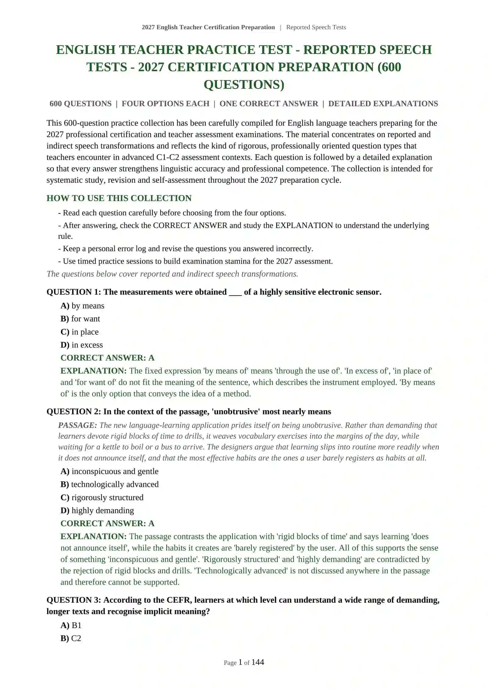 2027 English Teacher Certification Preparation | Reported Speech Tests 2