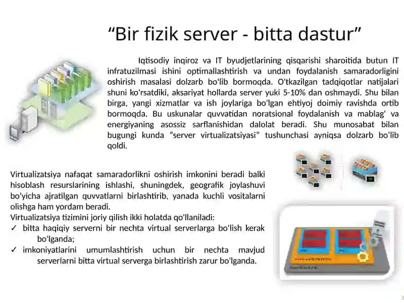 Bulut infrastrukturasi va virtualizatsiya. Virtual mashinalarni yaratish va boshqarish. 2