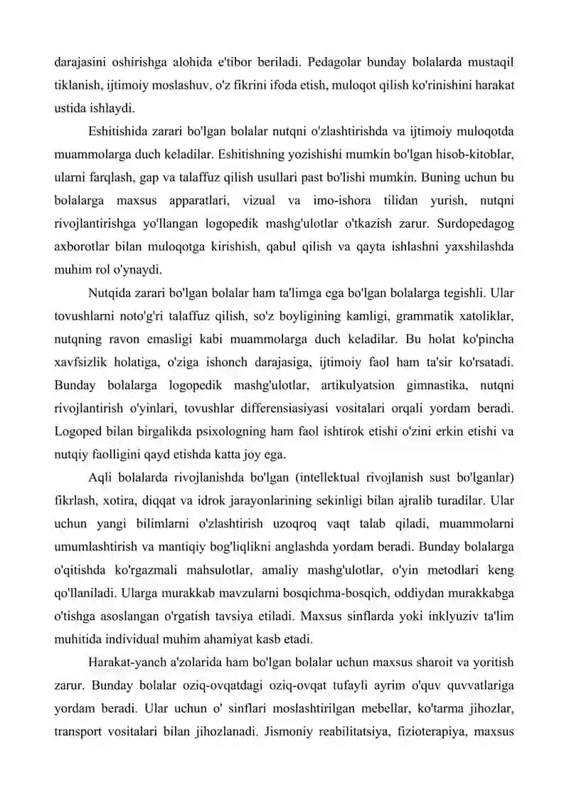 Alohida ta’lim olish ehtiyoji bo‘lgan bolalar toifalari, ularning o‘ziga xos xususiyatlari. 2