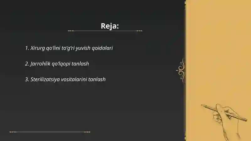 Xirurg qoʻlini operatsiyaga tayyorlash ishlov berish va operatsiya maydonini tayyorlash usullari 2