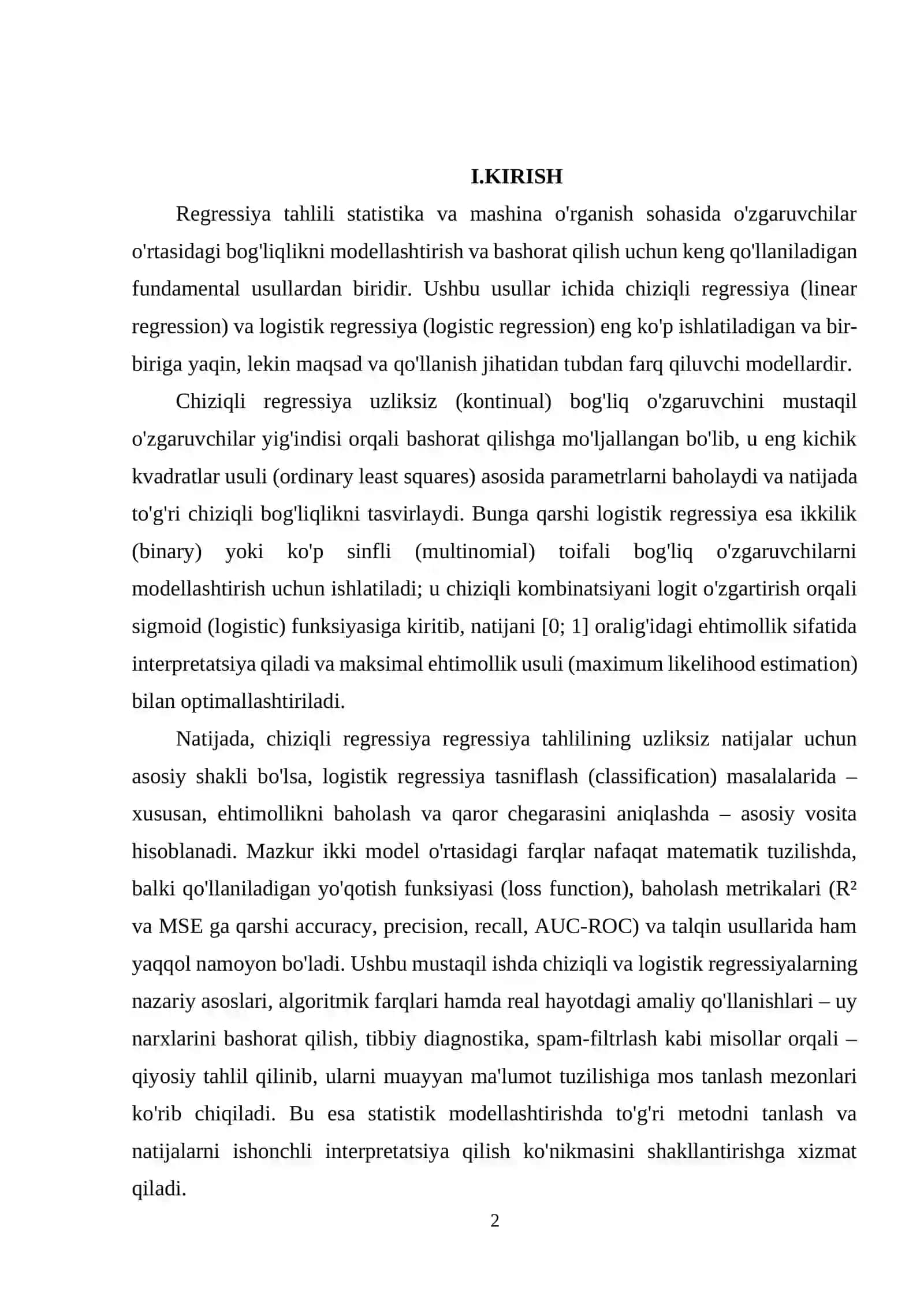 Chiziqli regressiya va logistik regressiya oʻrtasidagi farq haqida 2
