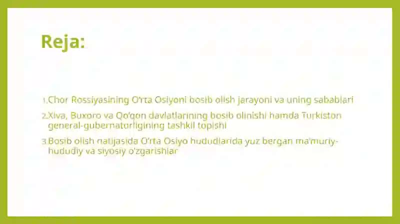 O'rta Osiyoning chor Rossiyasi tomonidan bosib olinishi. O'rta Osiyo mamuriy hududiy chegarasining o'zgarishi. 2