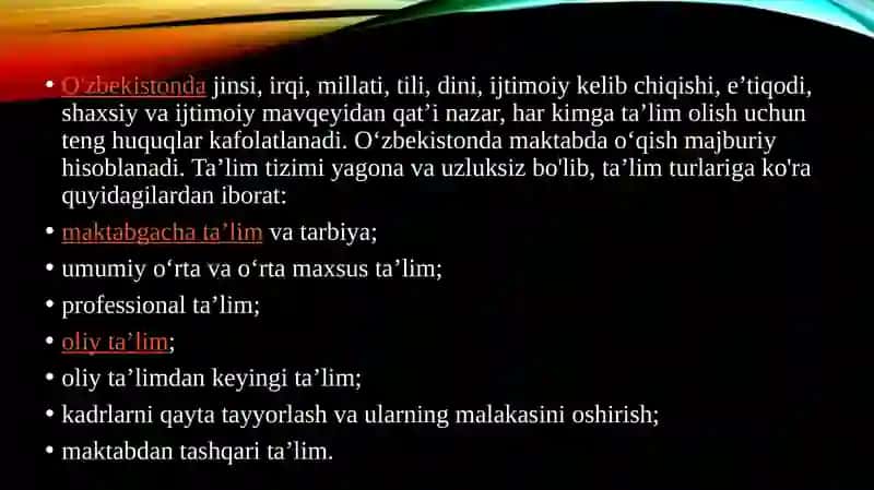 O’zbekistonTa’lim  respublikasi ta’lim tizimi. muassasasi menejmenti. 2