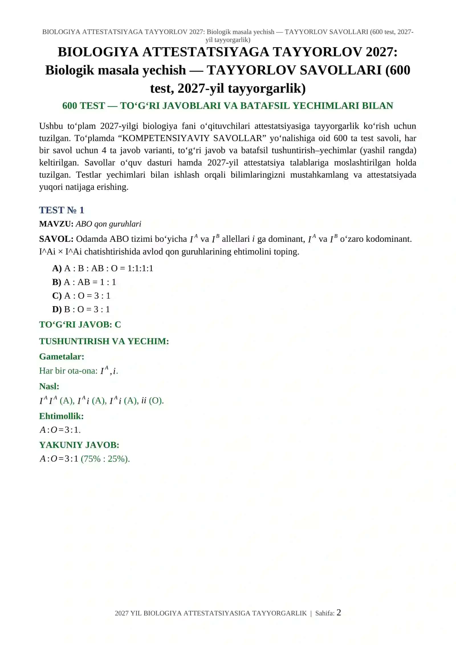 BIOLOGIYA ATTESTATSIYAGA TAYYORLOV 2027: Biologik masala yechish — TAYYORLOV SAVOLLARI (600 test, 2027-yil tayyorgarlik) 2