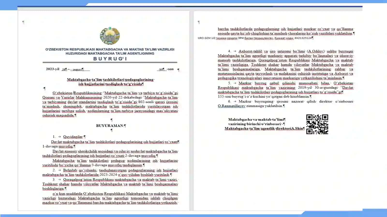 Davlat maktabgachataʼlim tashkilotlarining pedagoglarining ish hujjatlari toʻgʻrisida 155-son buyruq 2