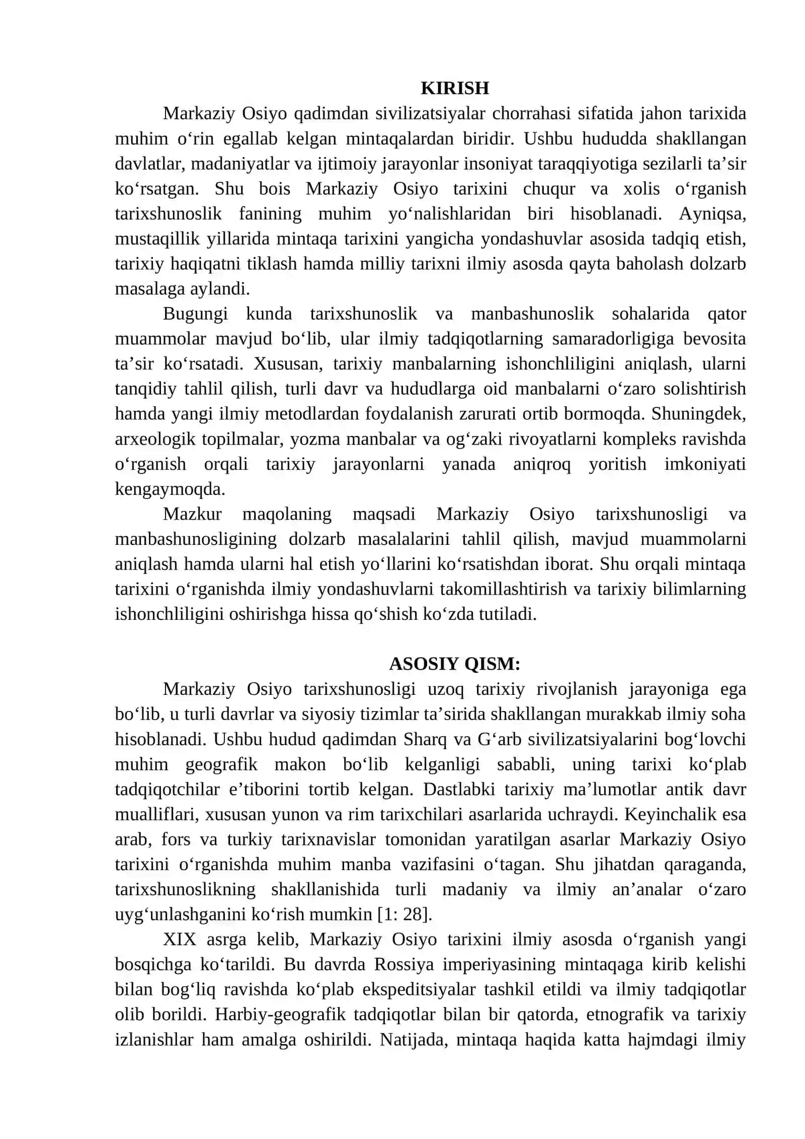 Markaziy Osiyo tarixshunosligi va manbashunoslikning dolzarb masalalar 2