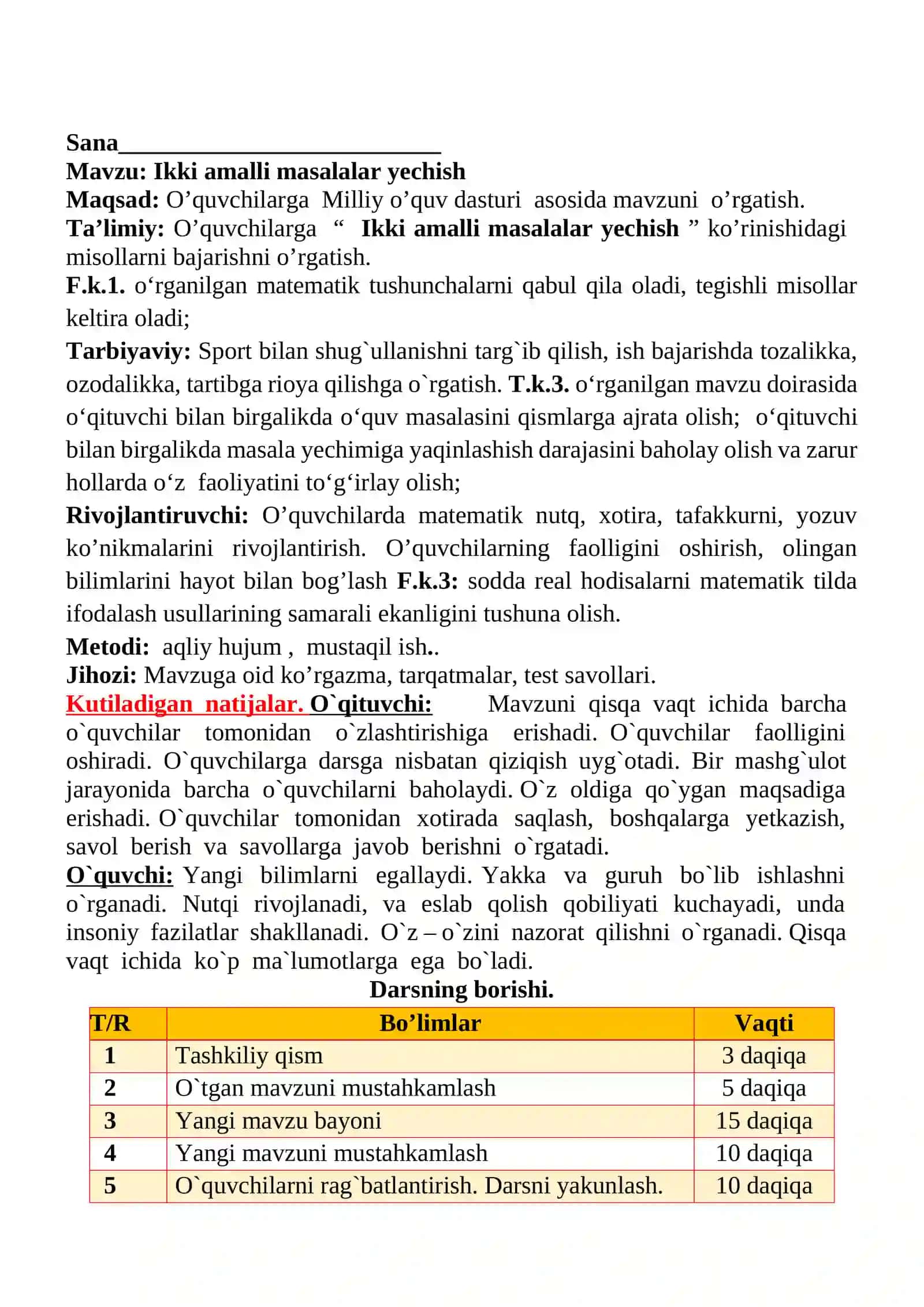 Ikki amalli masalalar yechish 1-sinflar uchun Matematika fanidan dars ishlanmasi 2