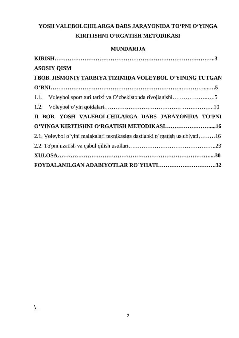 YOSH VALEBOLCHILARGA DARS JARAYONIDA TOʻPNI OʻYINGA KIRITISHNI OʻRGATISH METODIKASI 2