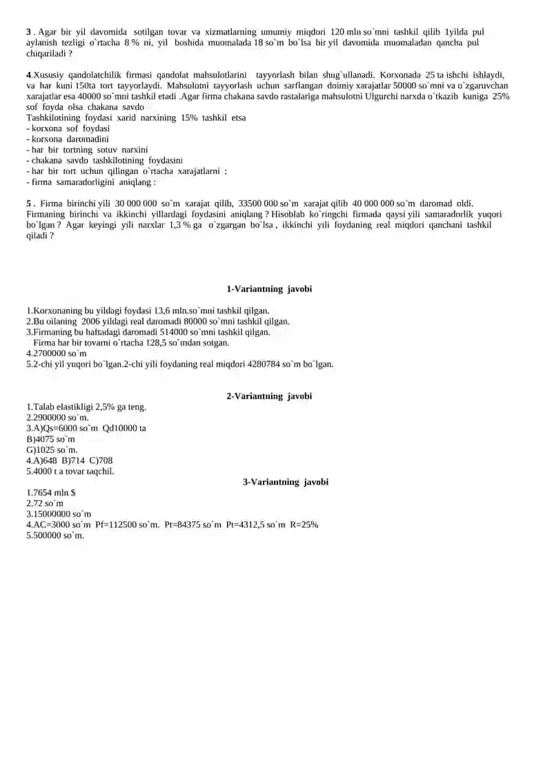 Iqtisodiy bilim asoslari fanidan 9-sinflar uchun Olimpiada nazorat materiallari 2