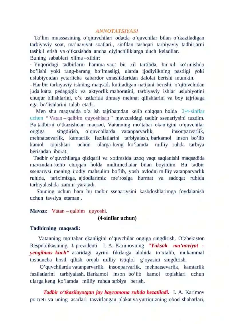 "Vatan – qalbim quyoshisan" tadbir ssenariysi 2