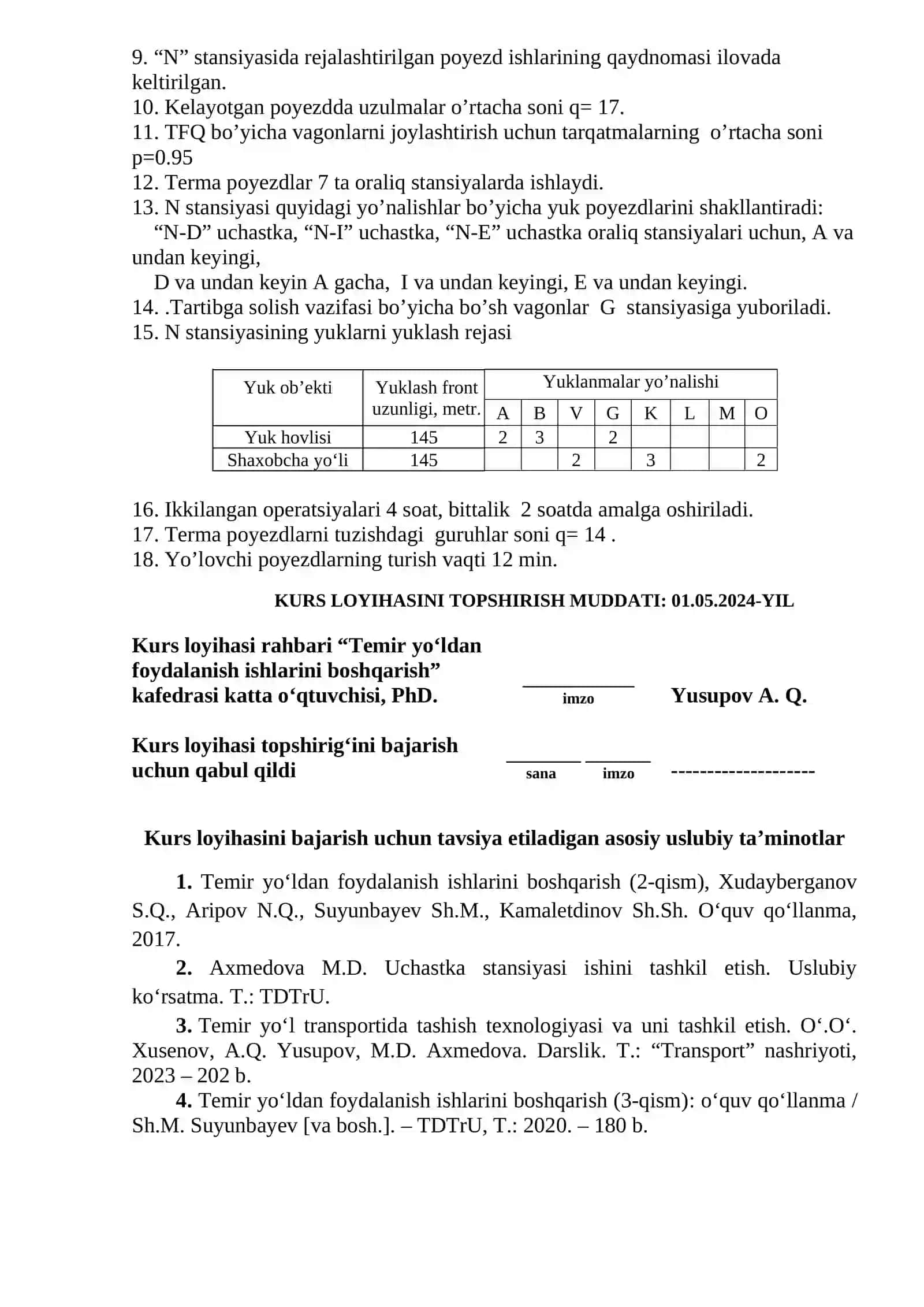 KURS LOYIHASI “Uchastka stansiyasi ishini tashkil qilish” 2