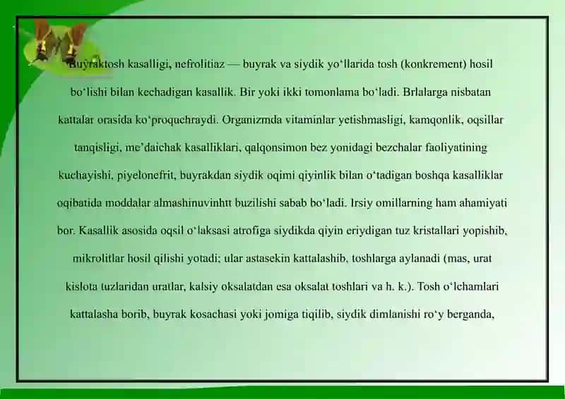 BUYRAKLARDATOSHLARINI HOSIL BO'LISHI SABABLARI VA MEXANIZMLARI 2