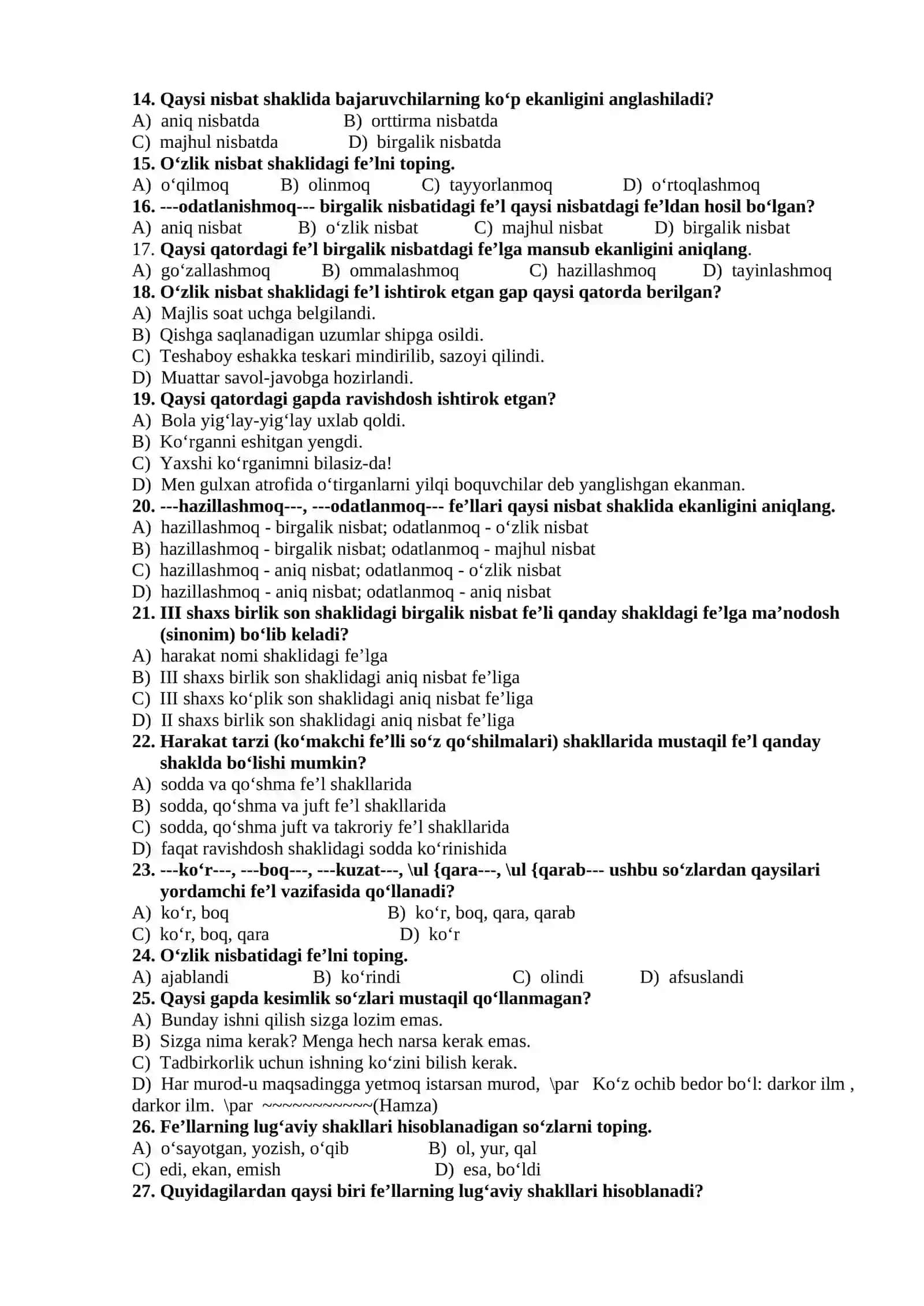 Morfologiya. Mustaqil soʻz turkumlari testlar 2