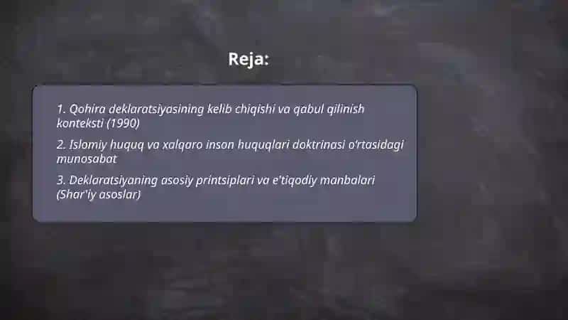 Qohira deklaratsiyasi tarixi va mazmuni borasida tahliliy taqdimot tayyorlash 2