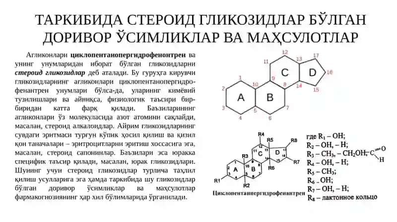 DORIVOR O‘SIMLIKLARNI YURAK GLIKOZIDLARI BO‘YICHA ANIQLASH, ANALIZ QILISH VA ULARNING MAHSULOTLARI. 2