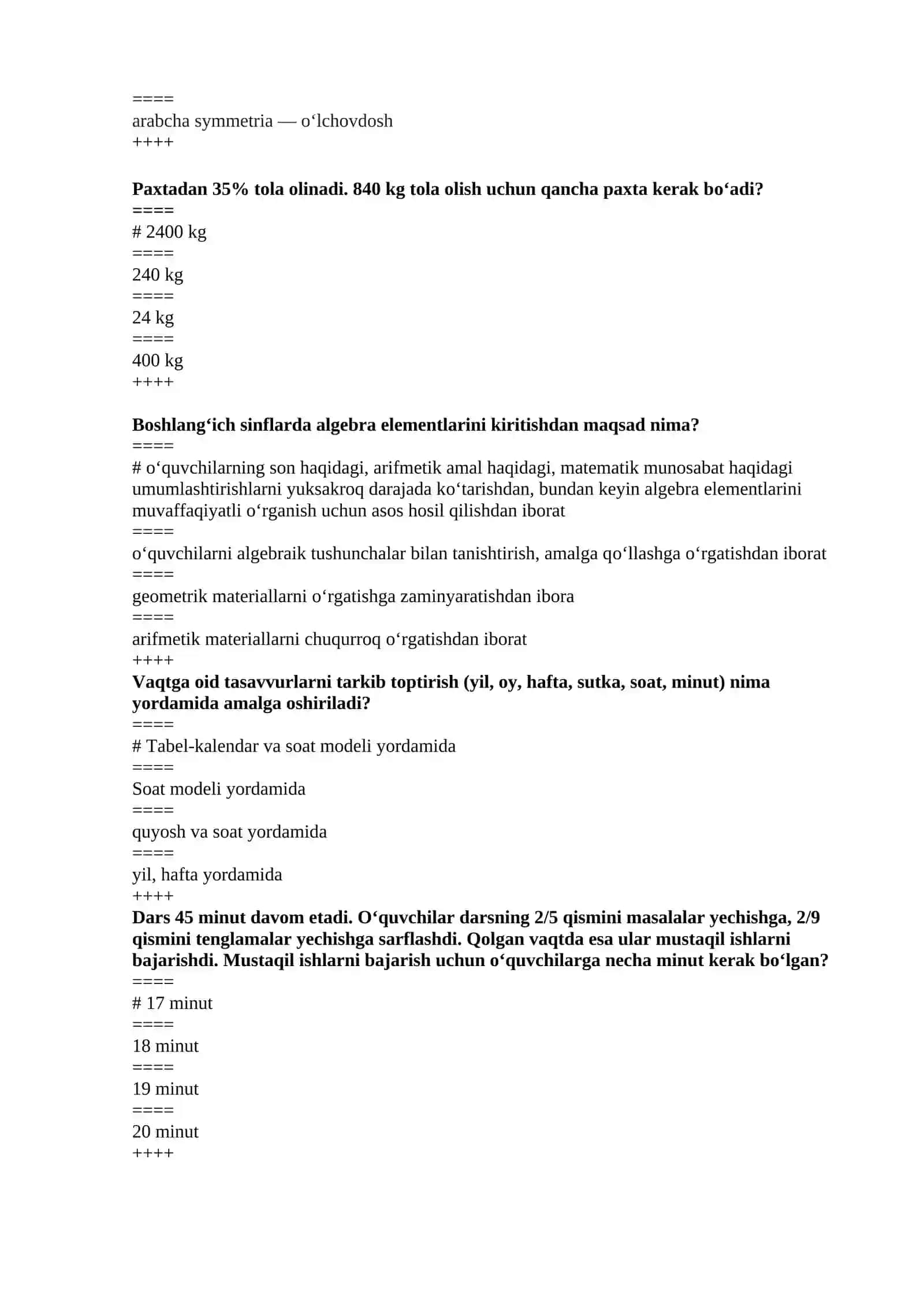 Matematika o‘qitish metodikasi fanidan yakuniy nazorat TEST savollari 2