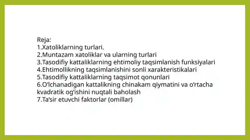 o’lchashlar va ularning xatoliklari. xatoliklarning turlari.o’lchash vositalarining sinflanishi 2