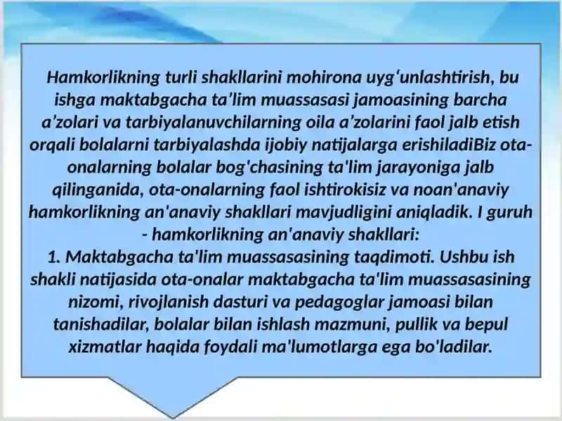 Ota- onalar va maktabgacha ta'lim tashkilotlari hamkorligi to‘g‘risida 2