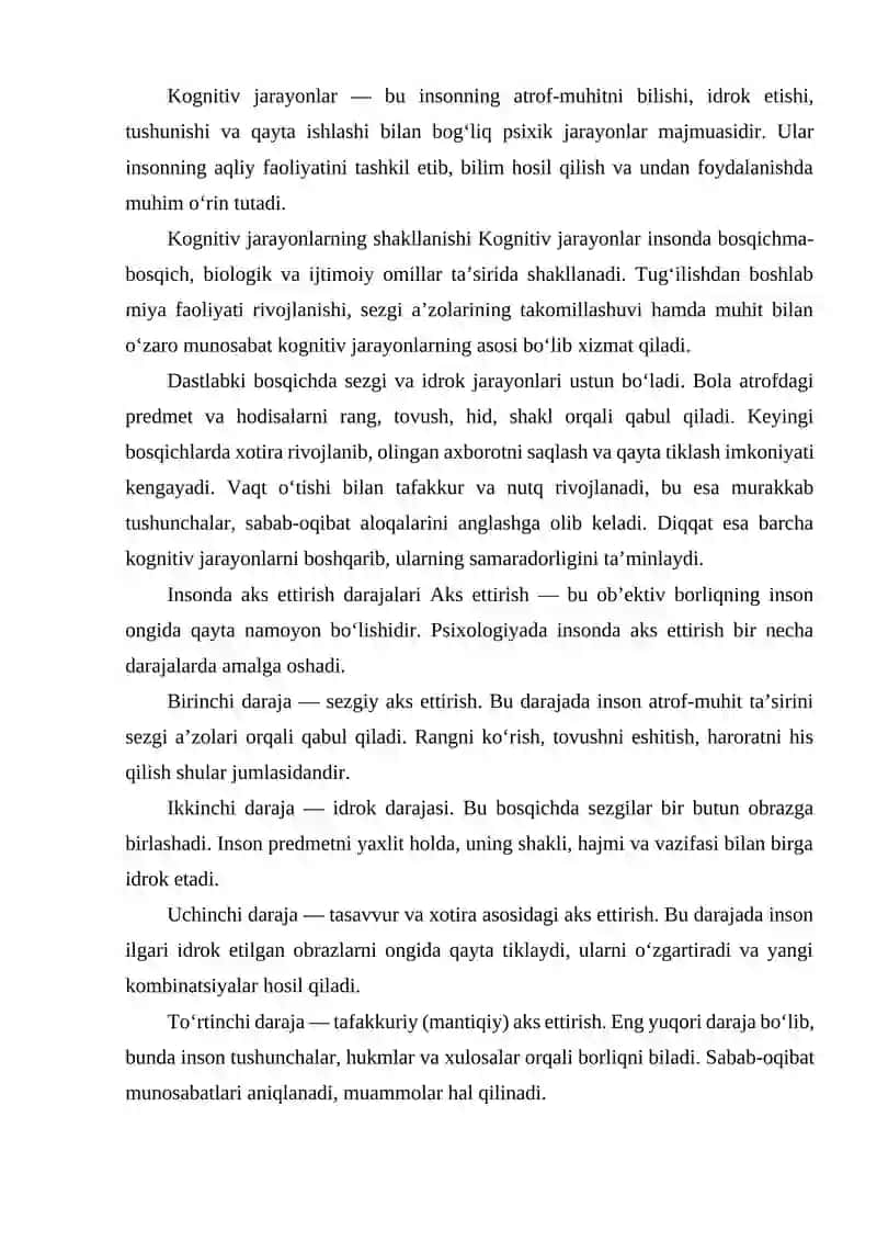KOGNITIV JARAYONLARNI SHAKLLANISHI. INSONDA AKS ETTIRISH DARAJALARI 2
