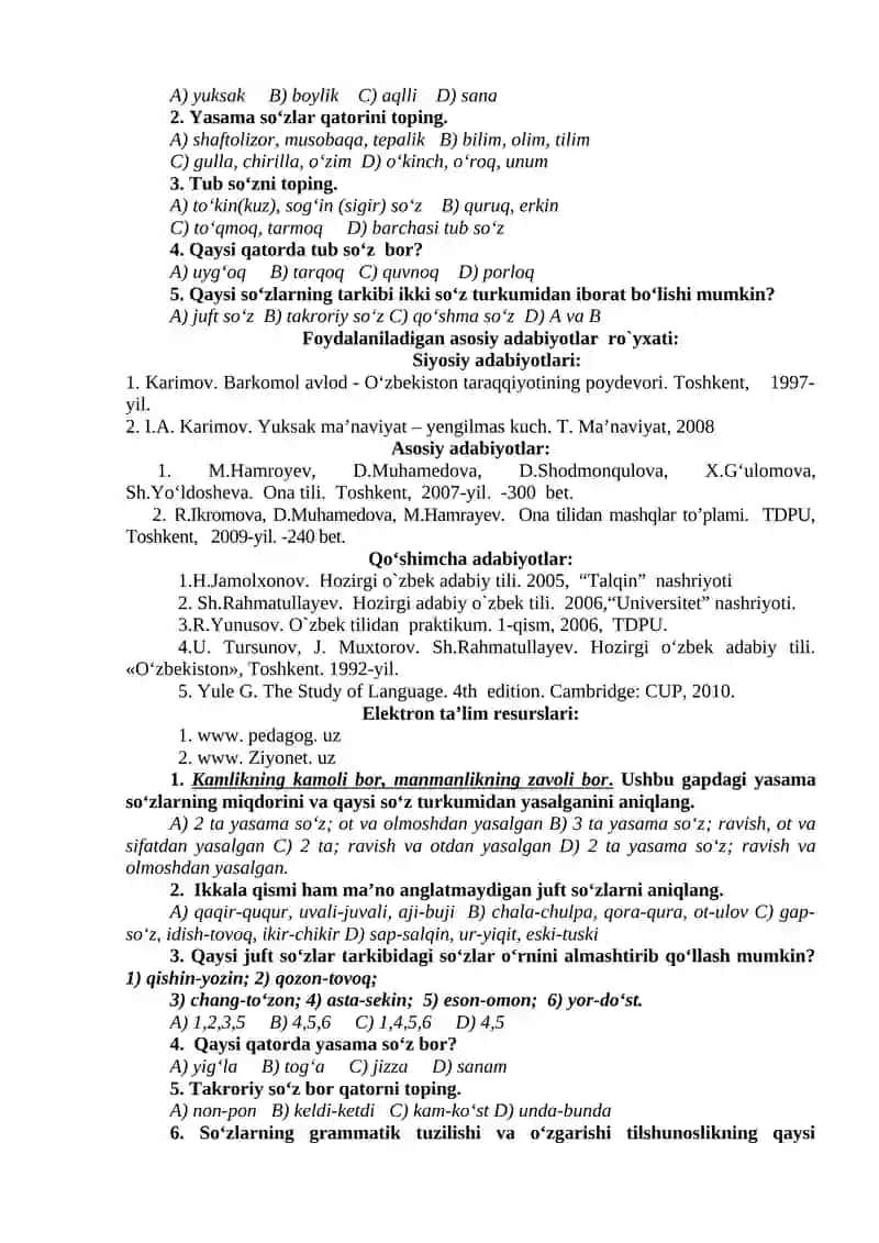 1-amaliy mashg’ulot: Morfemika va so‘z yasalishi va grammatika bo‘yicha test savollari: 2