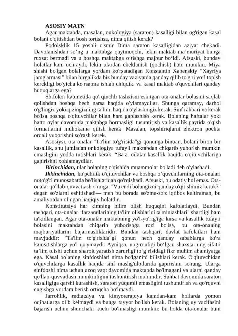 SARATON (MIYA SHISHI, GEMATOLOGIK VA AUTOIMMUN KASALLIKLARI) BILAN OG'RIGAN MAKTAB O'QUVCHILARI BILAN MASHG'ULOTLAR O’TKAZISH TAMOYILLARI 2