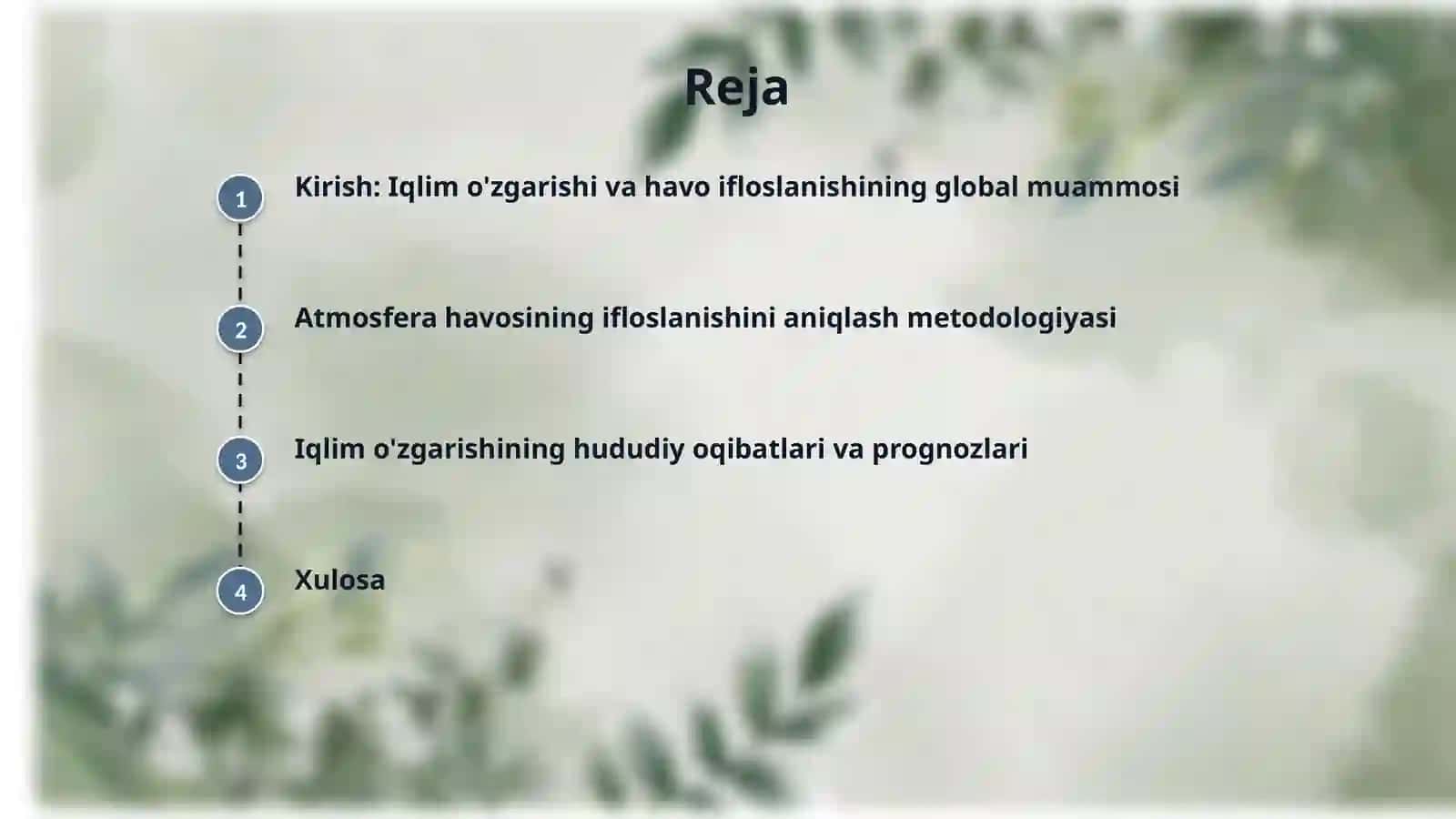 Atmosfera havosini ifloslanishi darajasini aniqlash.Iqlim oʻzgarishi:hududiy oʻzgarishlar va ularning oqibatlari 2