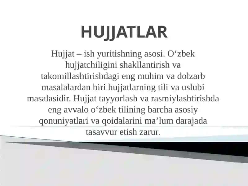 HUJJAT  NAMUNALARINI YOZSIH.HUJJAT TURLARI  BO’YICHA TAQDIMOT NUTQI TAYYORLASH 2