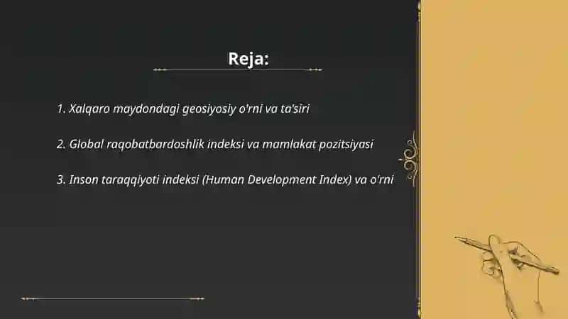 Xalqaro maydondagi o'rni va indekslari 2