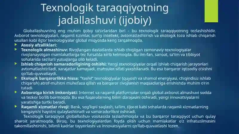 Barqaror taraqqiyotni taʼminlashda globallashuvning ijobiy va salbiy yoʻnalishlari 2
