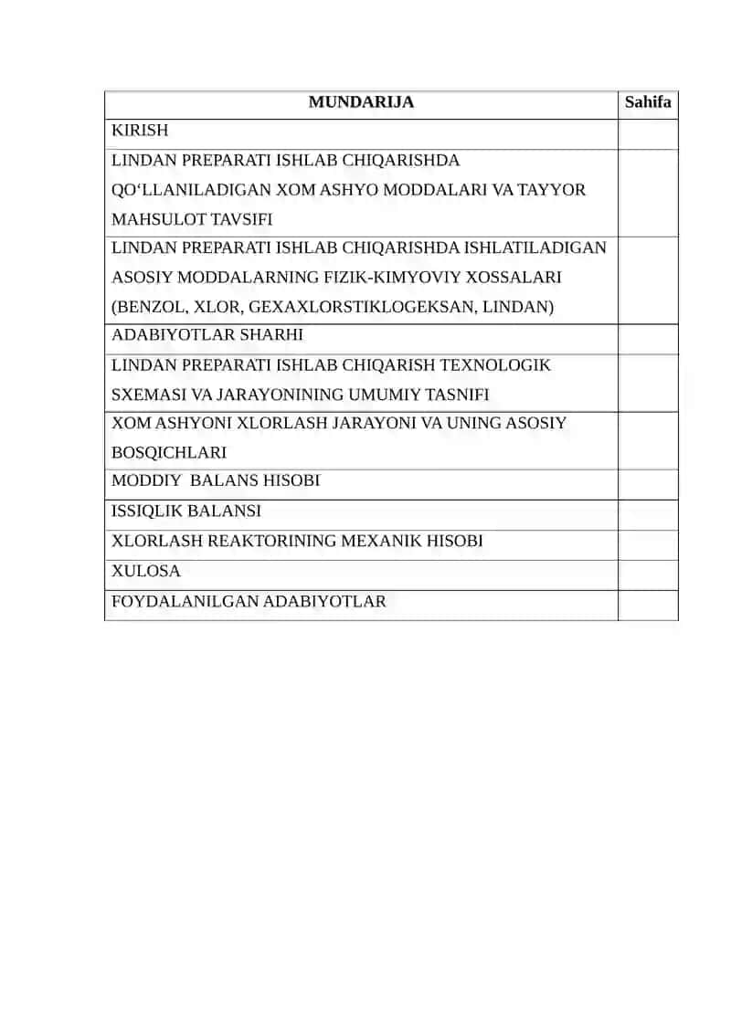 Lindan-preparati ishlab chiqarish texnologiyasidagi xlorlash reaktorini hisoblash (Quvvati: 215000 tonna) 2