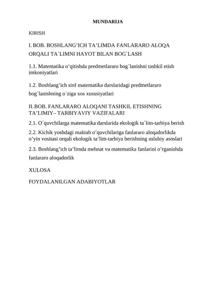 Boshlang'ich sinf matematika darslarida fanlararo aloqadorlik kurs ishi 2