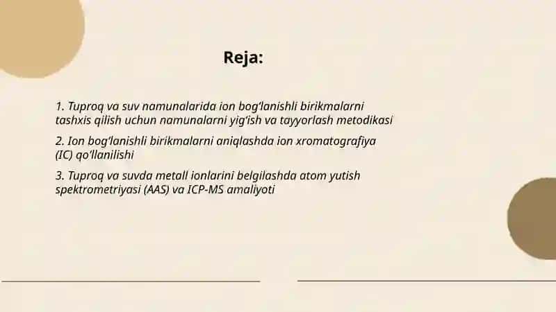 Tuproq va suvning ifloslanishida ion boglanishda birikmalarni aniqlash ulardan tozalash usulida ishlab chiqish 2