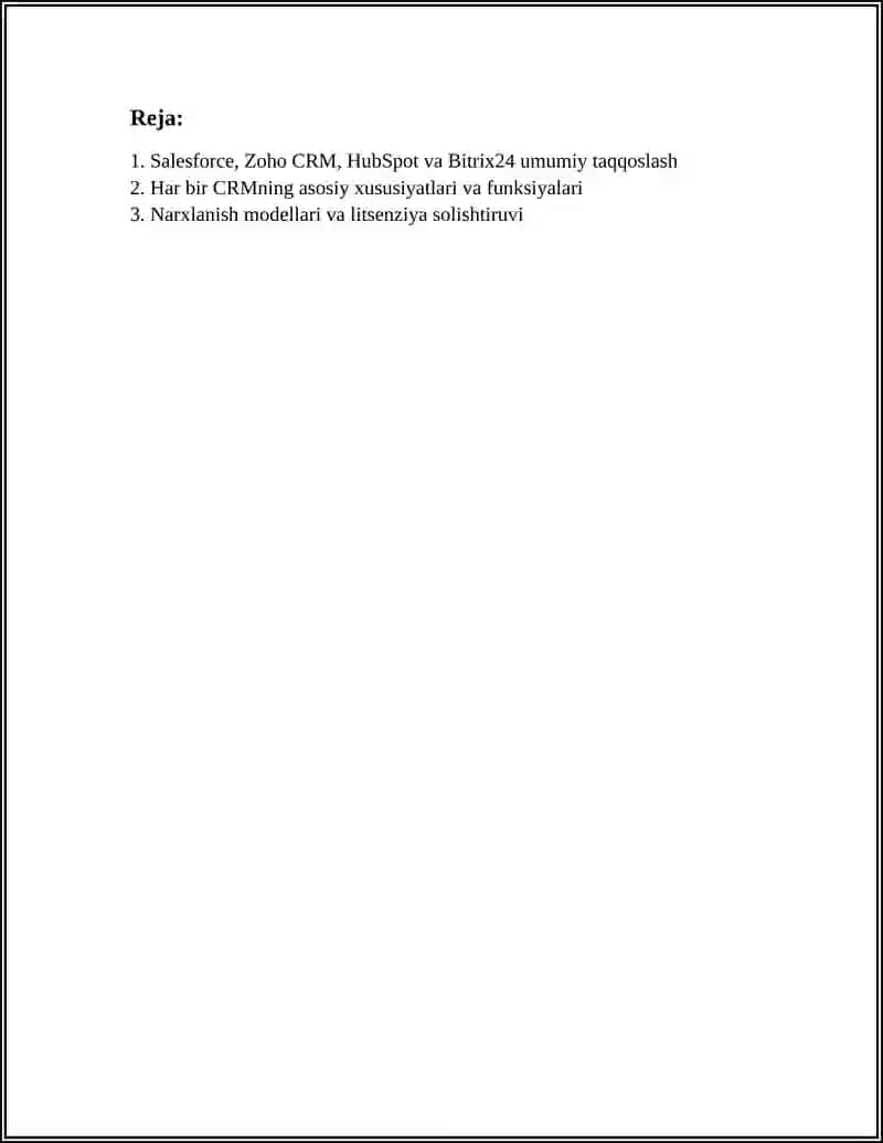 MASHHUR CRM TIZIMLARI: SALESFORCE, ZOHO CRM, HUBSPOT, BITRIX24 TAQQOSLANISHI 2