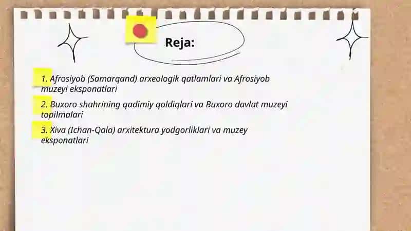 Oʻzbekiston hududidagi ilk shaharlar va muzey ekispanatlari 2
