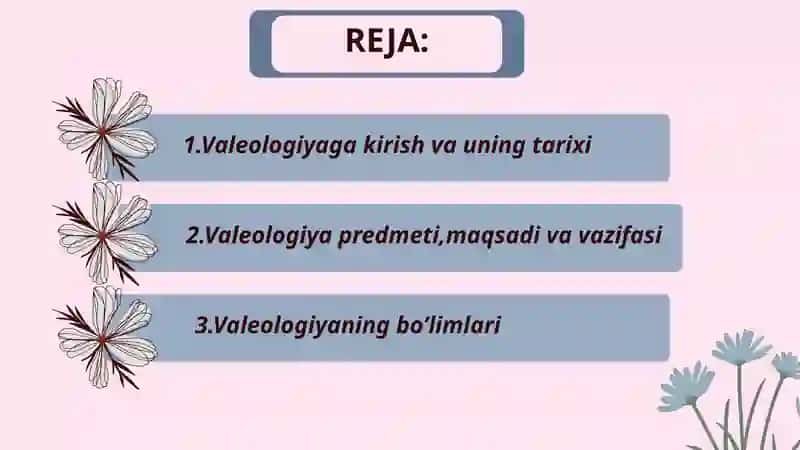 Valeologiya asoslari,tarixi. Valeologiyaning kelib chiqish tarixi va uning turlari. Fanning predmeti,maqsadi va vazifalari. Valeologiya boʻlimlari 2