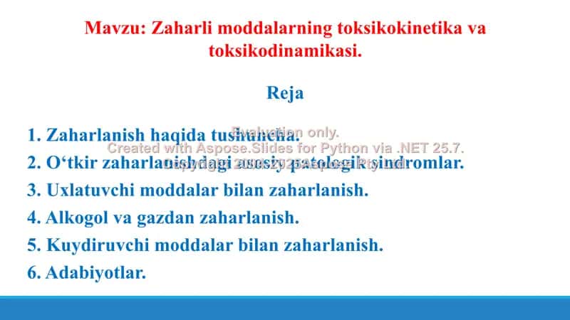 12. Zaharli moddalarning toksikokinetika va toksikodinamikasi. Taqdimot, 17 bet. 2