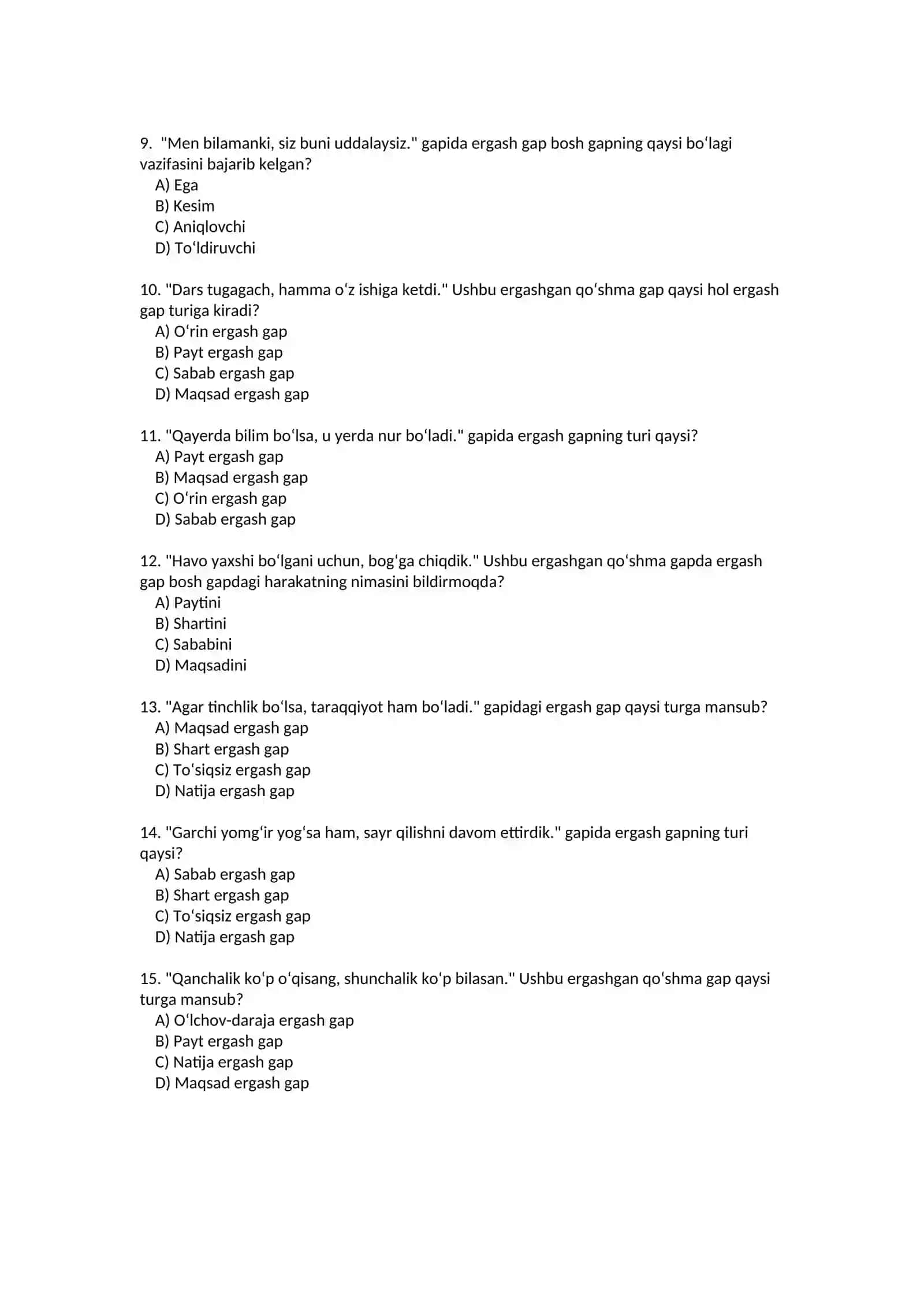Ergashgan qoʻshma gap test 2