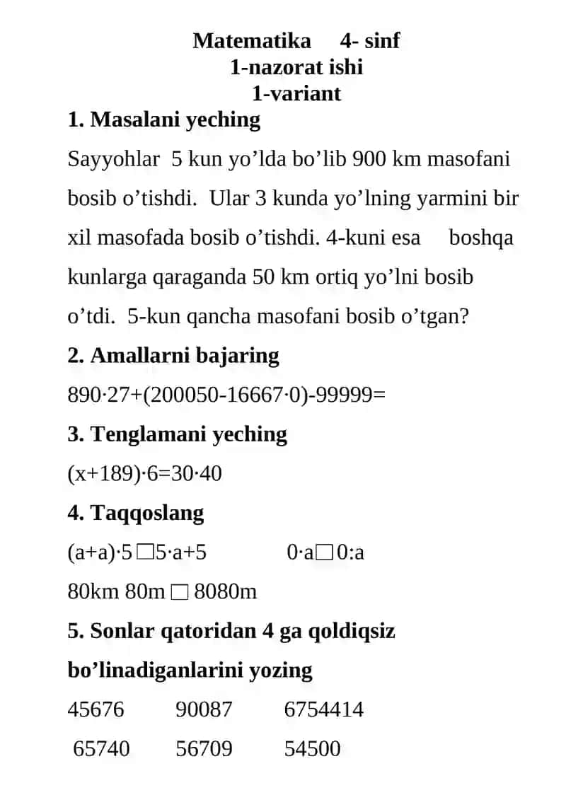 Matematika 4- sinf 1-nazorat ishi 2