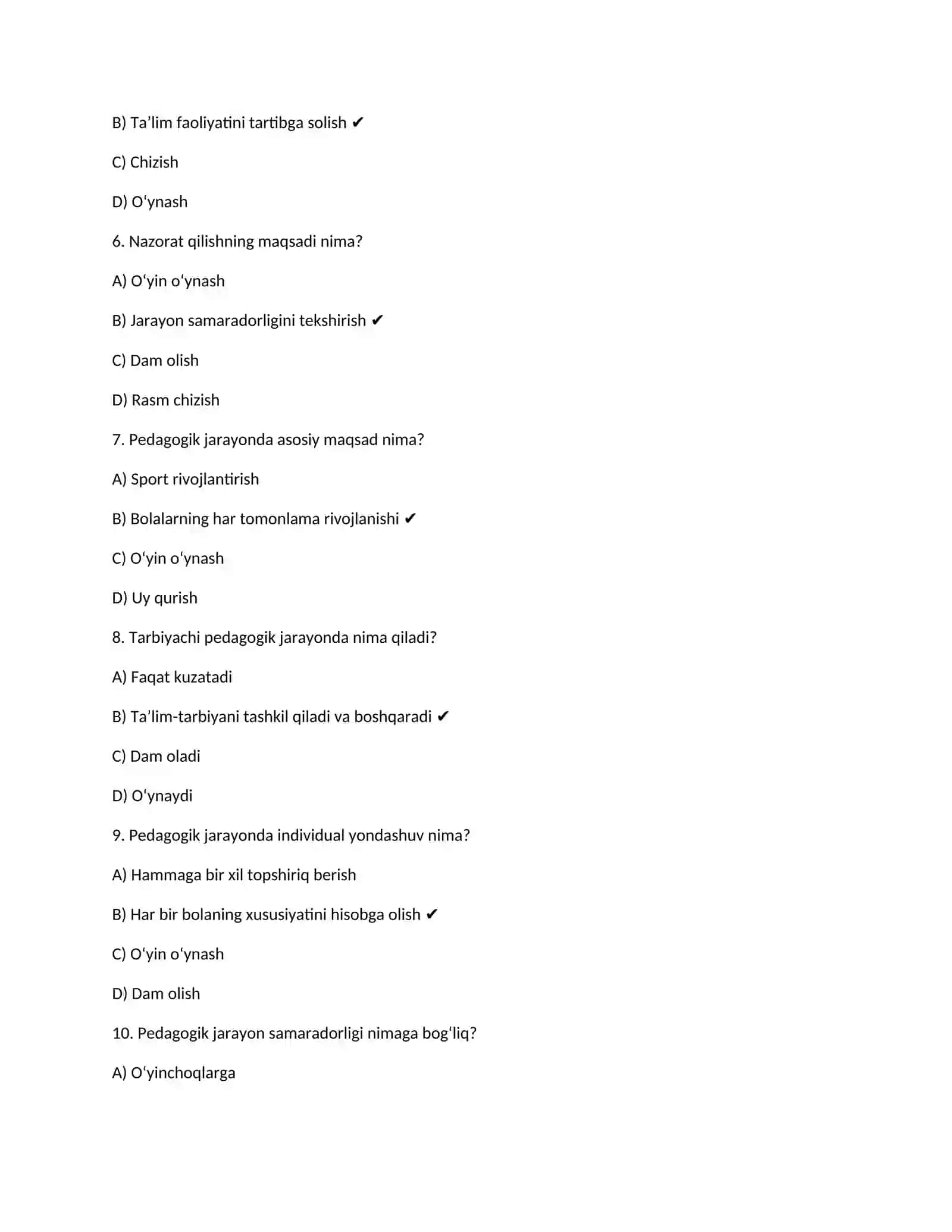 “Maktabgacha ta’lim tashkilotlarida pedagogik jarayonni boshqarish” Test 2