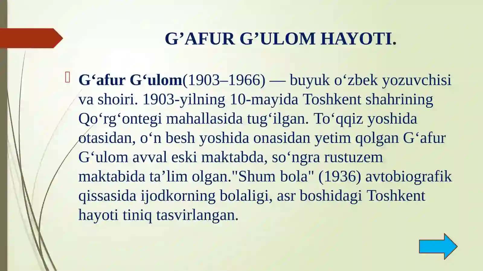 G`AFUR G`ULOMNING HAYOTI VA IJODI 2